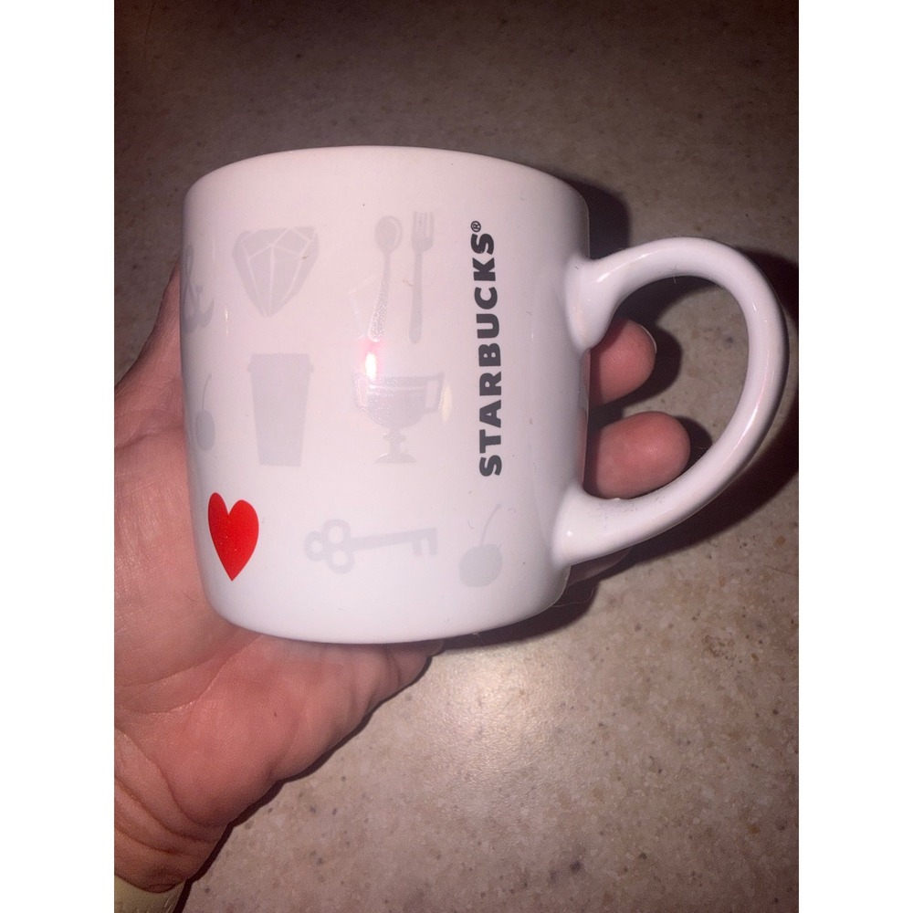 Starbucks White Red Heart Icon Coffee Mug Cup 7.8oz Minimalist Crown Key Pretzel